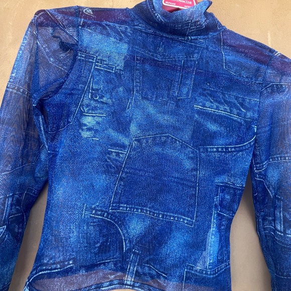 Nasty Gal Collection Sheer Long Sleeve Jean Print Top size 6 - Picture 1 of 7